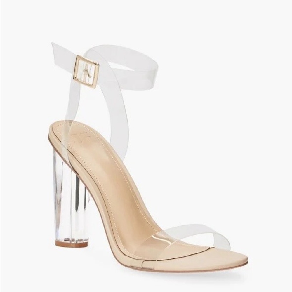 JustFab Hanna Clear Strap Nude Sandal with Lucite Heel